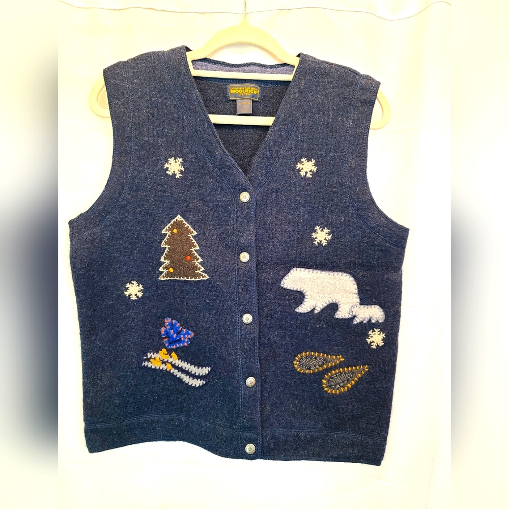 Woolrich Blue Wool Vest with Winter Motifs